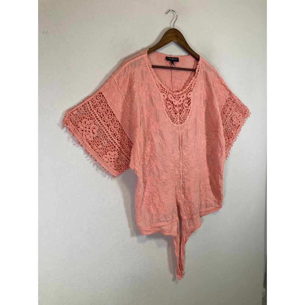 Boho Lane Bryant Womens 18/20 Coral Peach Embroidered Crochet Tie Front Blouse - Picture 9 of 10